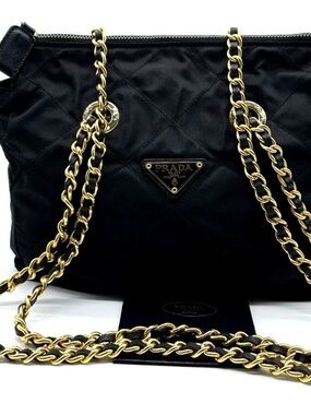 Auth Prada Quilted Triangle Logo
Tessuto Nylon Black Chain Shoulder
Bag